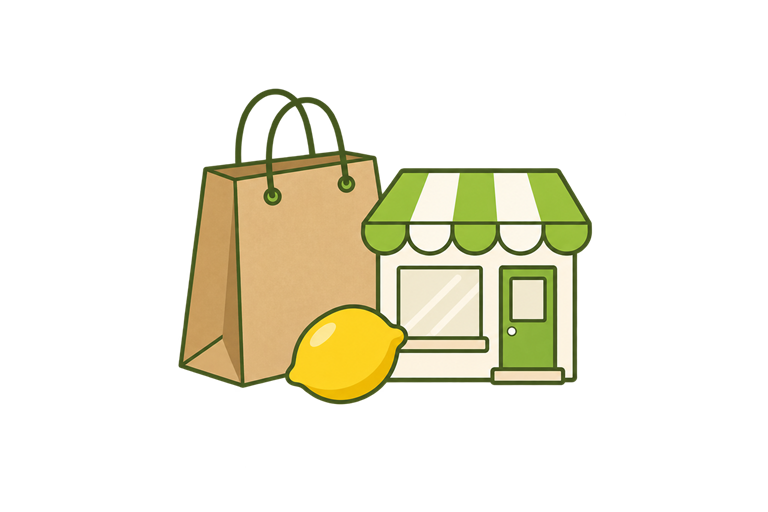 Ilustración de una bolsa de compras, un limón y una tienda